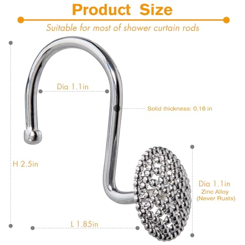 Pearlbee Chrome Shower Curtain Hooks - Round Beaded Design, 12 Pack, Zinc Alloy