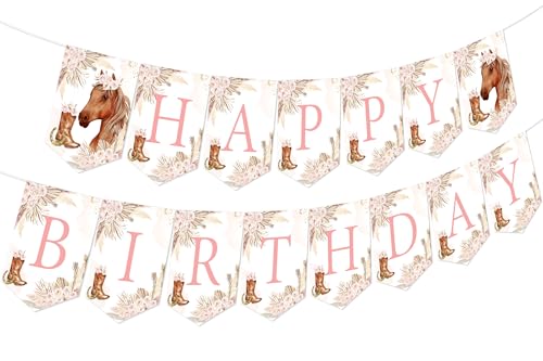 Boho Horse Happy Birthday Banner - Pink Western Cowgirl Party Supplies