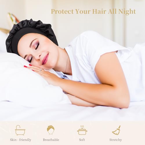 Taowave Satin Sleep Bonnet for Curly Hair & Elastic Band Black