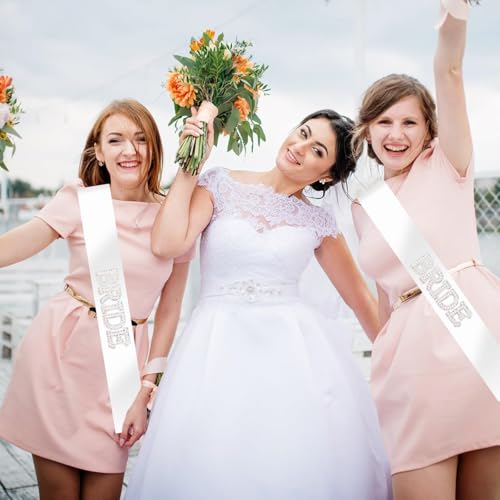 Asofelk White Bride Sash with Pearls and Rhinestones, Bachelorette Party