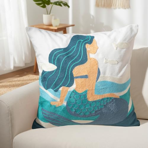 Mermaid Pillow Cover for Girls - 18x18 Inch Coastal Decor