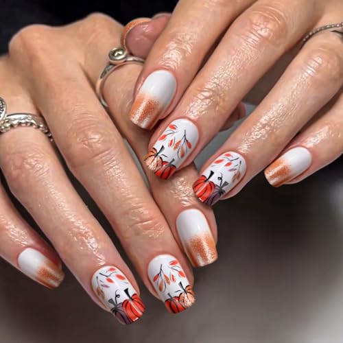 FlexFly Orange French Tip Press on Nails Medium Square Glitters Fake Nails