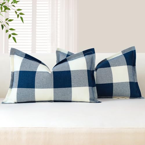 OTOSTAR Gingham Buffalo Check Linen Throw Pillow Covers 12x20, Blue (2 Pack)