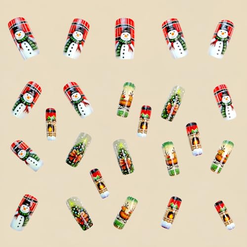 Christmas Press on Nails Medium Square Fake Nails Snowman Tree Design