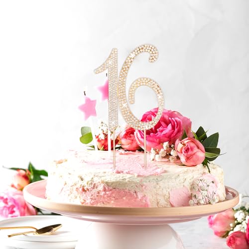 Rhinestone 16th Birthday Cake Topper - Sparkling Gold Decoration