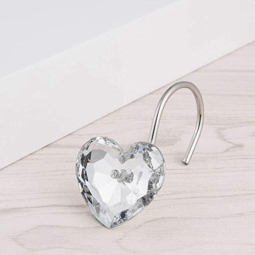 Crystal Heart Shower Curtain Hooks - Rust Resistant, Pack of 12