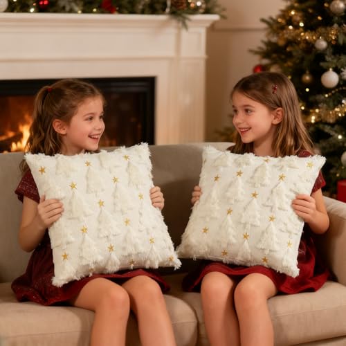Christmas Pillow Covers Set of 2, 20" x 20" Cream White Soft Plush Faux Fur