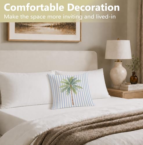 Tropical Palm Tree Blue Striped Pillow Cover 18x18 - Coastal Decor