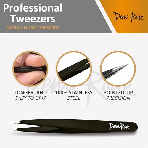 DEMI ROSE Pointed Precision Tweezers - Stainless Steel Fine Point Needle Nose Tweezers for Ingrown Hair, Splinters, and Eyebrows (Black)