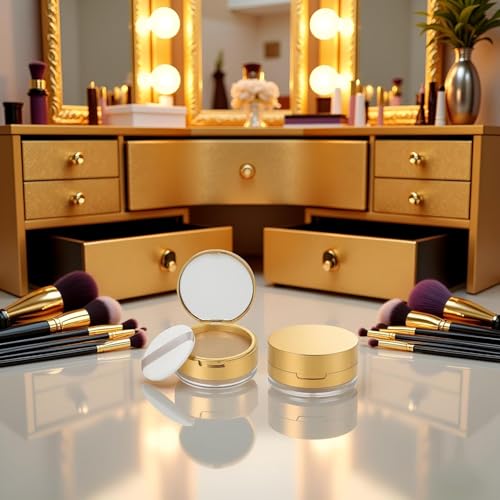 WNHNO Portable Loose Powder Container with Mirror and Puff - Gold