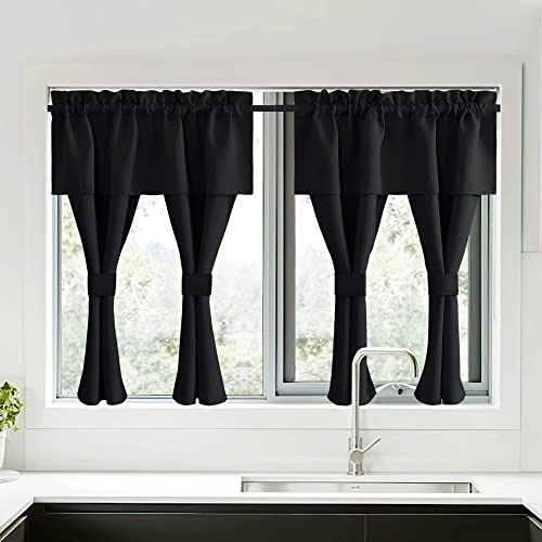 NICETOWN Blackout Curtains with Attached Valance - Jet Black, 52"W x 45"L, Pack of 2