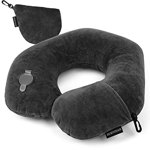 Rewondah Dark Grey U-Shaped Inflatable Travel Neck Pillow with Washable Velour Cover