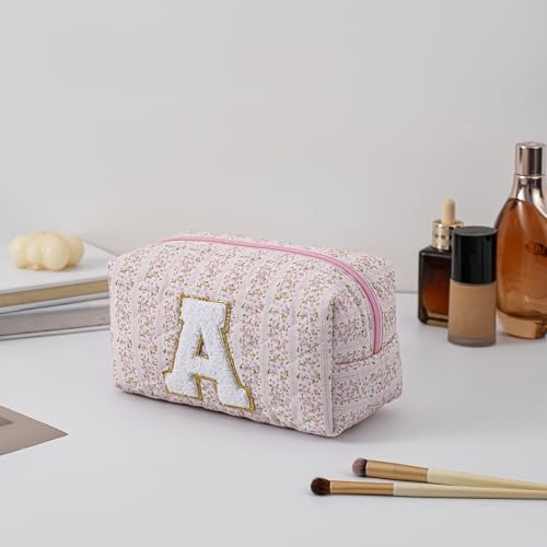 JOVAKIT Pink Floral Letter Makeup Bag Coquette Travel Pouch