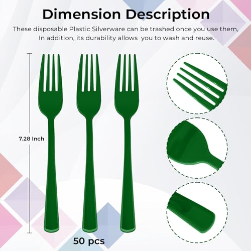 CXPSINC Heavy Duty Green Plastic Forks - 50 Count, 7.28 Inch Disposable Cutlery for Parties & Picnics