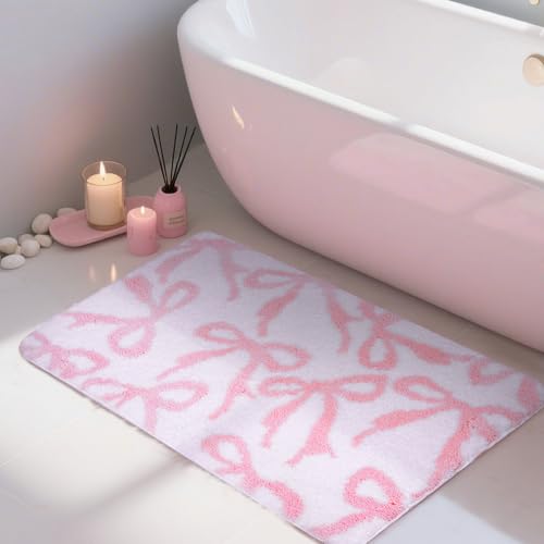 Pink Bow Bath Mat - Non-Slip, Absorbent & Washable Rug for Bathroom, Kitchen & Bedroom (20 x 32 inches)