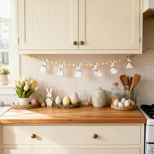 Easter Bunny Wooden Bead Garland - 6.56ft Rustic Banner for Home Decor