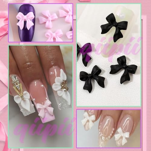 qiipii 3D Bow Nail Charms & Half Pearl Beads Set, 8-Color Kawaii Bowknot Art Supplies