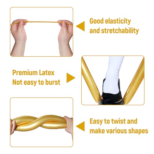 Gold Metallic Long Balloons for Balloon Animals and Decorations - 100Pcs