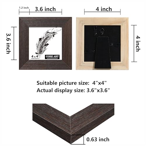 CORE ART 4x4 Picture Frame, Rustic Brown Solid Wood Farmhouse Decor