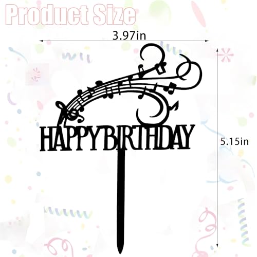 Musical Note Happy Birthday Cake Topper - Black Acrylic Decoration