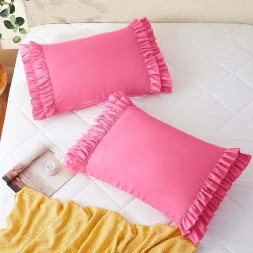 Vonty Hot Pink Ruffled Pillow Cases Set of 2, 20x54 Inch Body Size, Double Ruffle Design