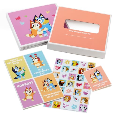Bluey Valentine's Day Cards Set with Mailbox - 34-Piece for Kids