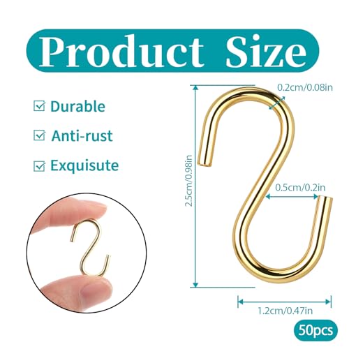 50 Pcs 1-Inch Mini S Hooks - Heavy Duty Gold Iron Wire Hanging Hooks