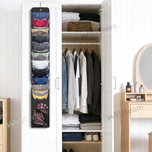 Welsteam Hat Organizer Rack for Baseball Caps, Over-the-Door Holder - Black 1 Row