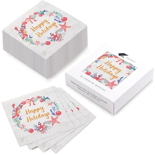 Christmas Paper Napkins 50 Pack - 3-Ply Wreath Sea Pattern Disposable Tableware