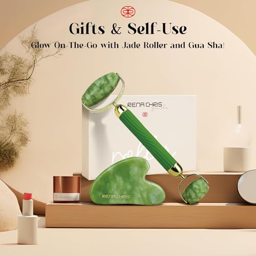 Rena Chris Jade Roller and Gua Sha Set for Face - Anti-Breakage Green Xiuyan Stone