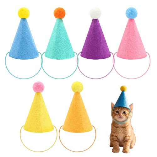 6 Mini Colorful Felt Party Hats for Pets & Dolls - Adjustable
