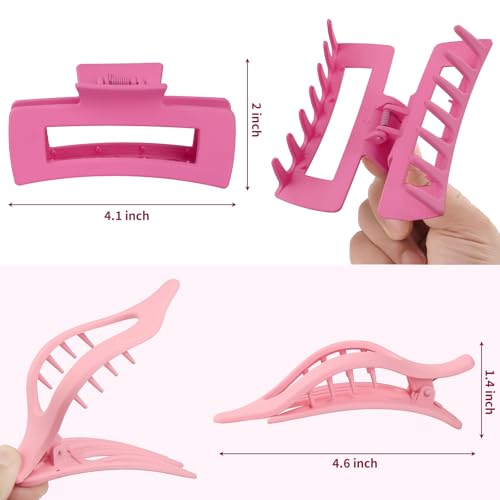 CHANDAT Pink Hair Claw Clips 8 Pcs Large Square & Flat Hair Clips for Thick and Thin Hair