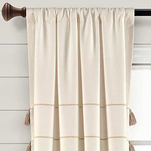 Lush Decor Farmhouse Boho Stripe Woven Tassel Yarn Dyed Cotton Blend Window Curtain Panels Pair 42" W x 95" L Ivory & Wheat - Striped Living Room Curtains