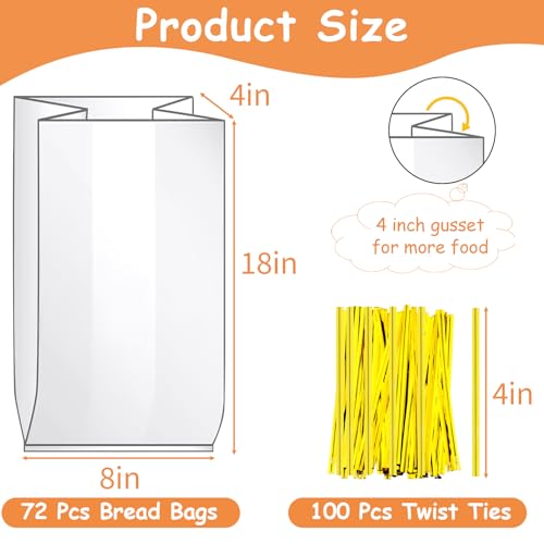 72 Pack Bread Bags for Homemade Bread - 8x4x18 Inch Clear Plastic Loaf Bags