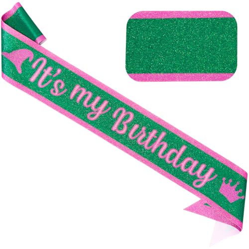 Kicosy Glitter Pink & Green It's My Birthday Sash for Witch-Themed Party