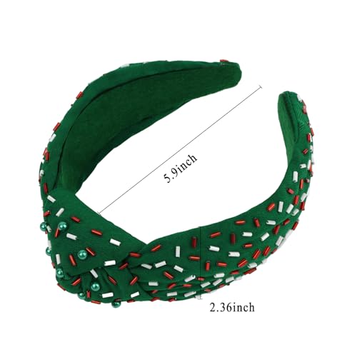 YISSION Green Christmas Knotted Headband - Beaded & Sequined Wide Hair Hoop