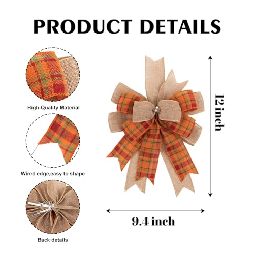Kutyndrix Fall Wreath Bow - Orange Burlap & Plaid Ribbon 9.4 x 11.8 Inch