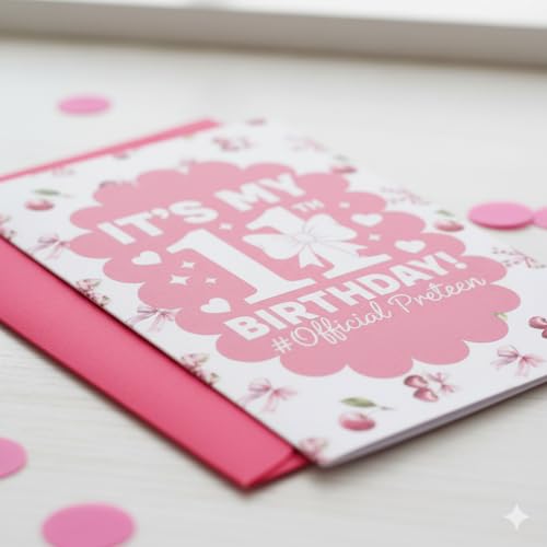 Cute Pink 11th Birthday Card for Girls with Bow & Envelope