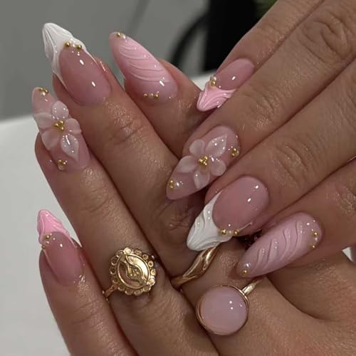 Lukmexor French Tip Press On Nails Medium Almond Fake Nails with Gold Pearl and Flower Designs