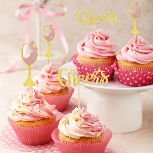 12 Pcs Rose Gold Glitter Cheers Cupcake Toppers Set