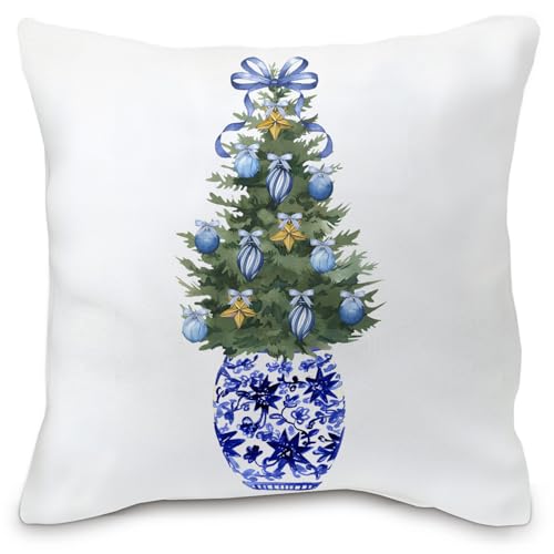 Chinoiserie Christmas Tree Pillow Cover - Blue Flannel 18x18