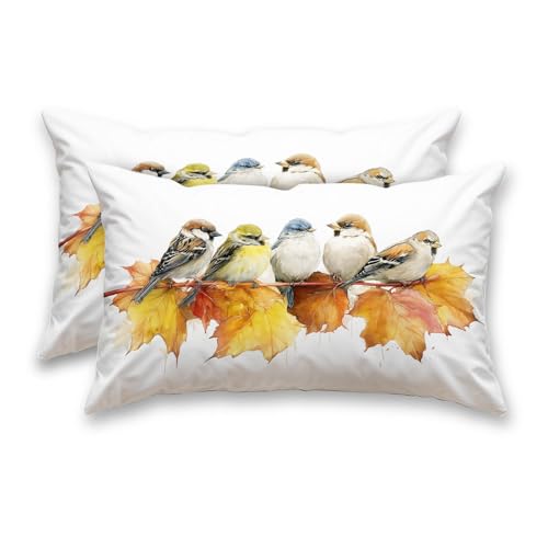 HOMETITUTE Decorative Satin Pillow Covers Set of 2 - 12x20 Inch Watercolor Bird Art
