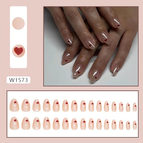 OHWODA Short Almond Press on Nails Red Heart Valentine Fake Nails