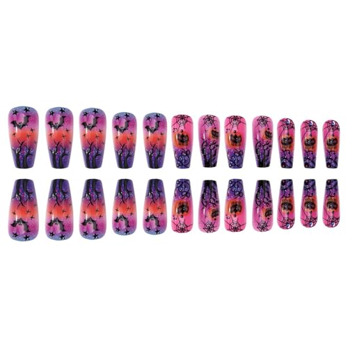 Halloween Press on Nails Medium Coffin Acrylic False Nails Pink Purple