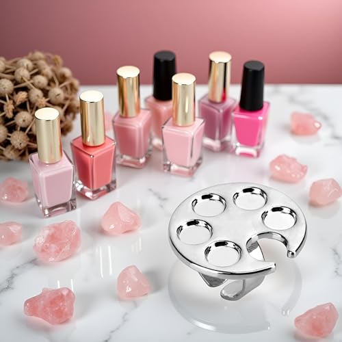 WaigN Silver Metal Mini Manicure Palette with Finger Ring for Nail Art