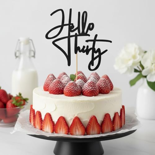 Hello Thirty Cake Topper - Black Glitter 30th Birthday Decoration