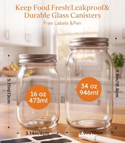 Auridelvis 16 oz Mason Jars with Airtight Lids - 2 Pack Clear Glass Jars