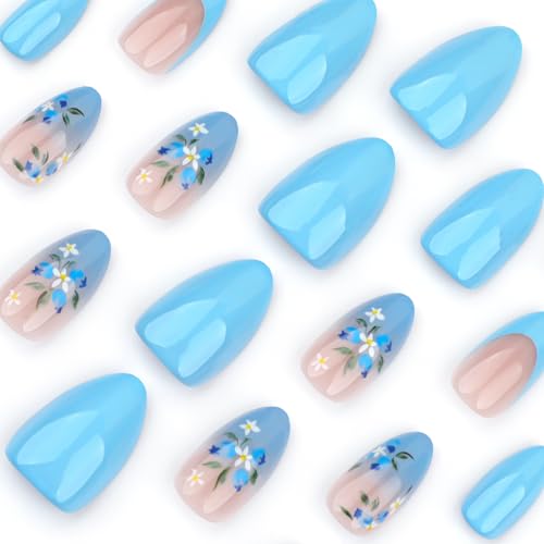 Navy Blue Short Almond Press on Nails with Flower Design - 24Pcs