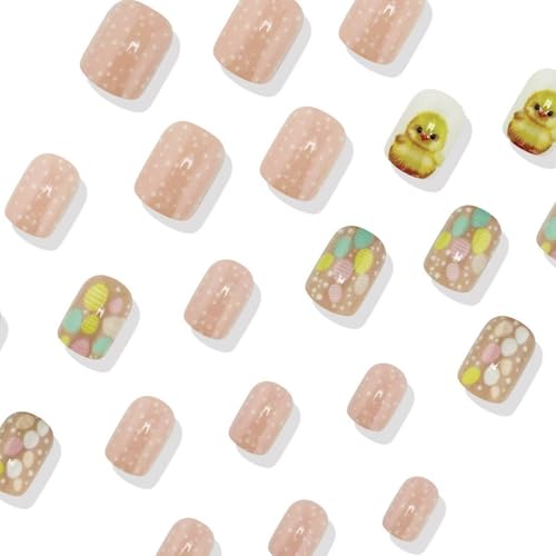 Easter Press on Nails Short Square Pink Fake Nails with Polka Dots 24 Pcs