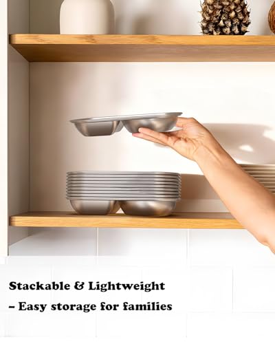 Bakpoco Stainless Steel Toddler Plates, 2-Divider Divided Kids Dish, 8.6"x5"